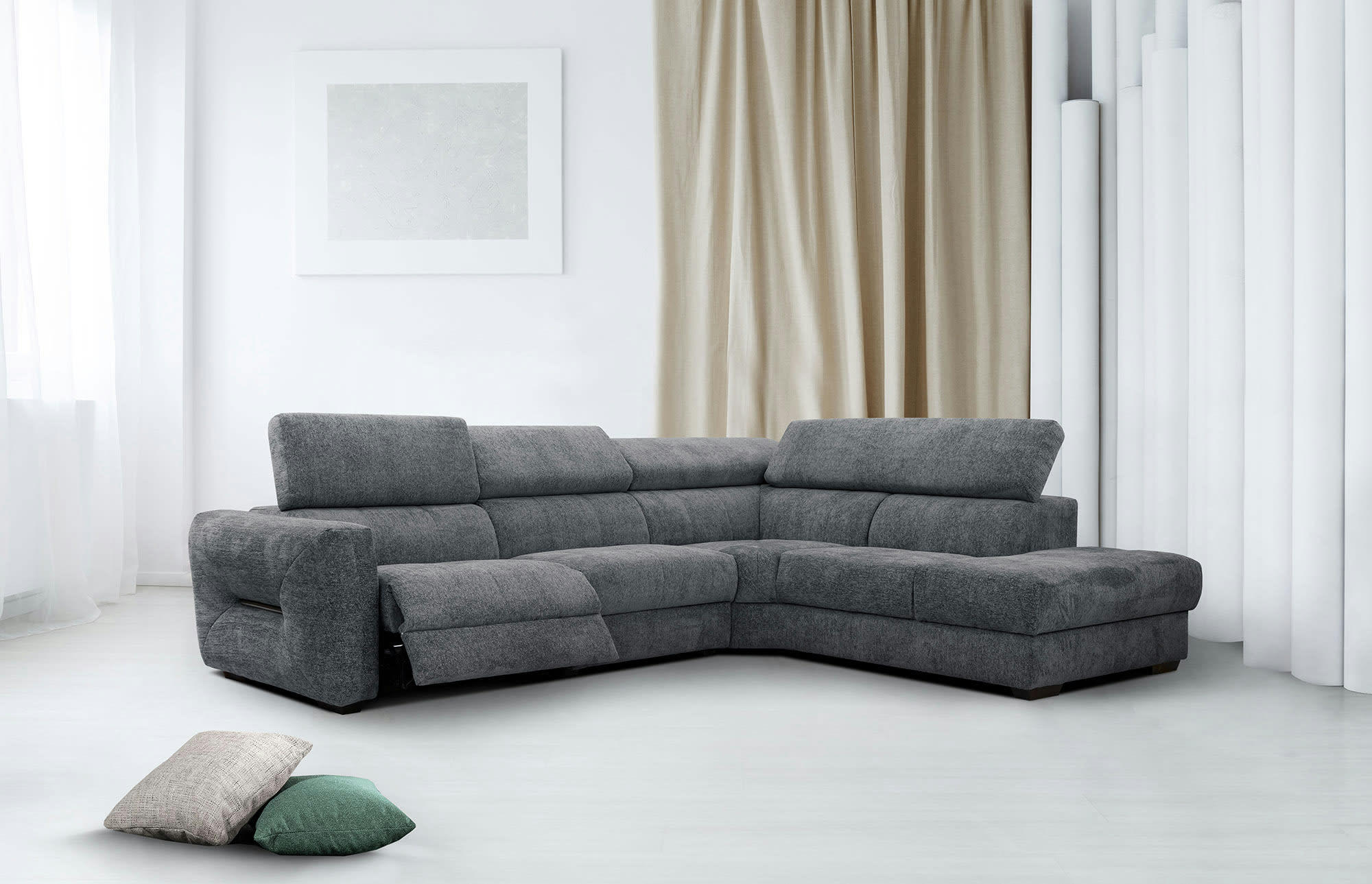 CALVERA - Canapé d'angle droit 5 places avec relax électrique tissu gris foncé