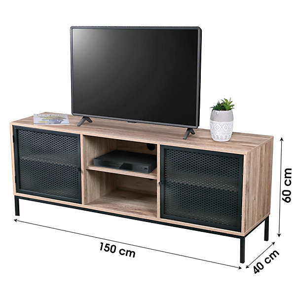 Meuble TV en bois avec grillage en métal noir2 niches, dimensions 150x40xH60 cmCollection METALIX