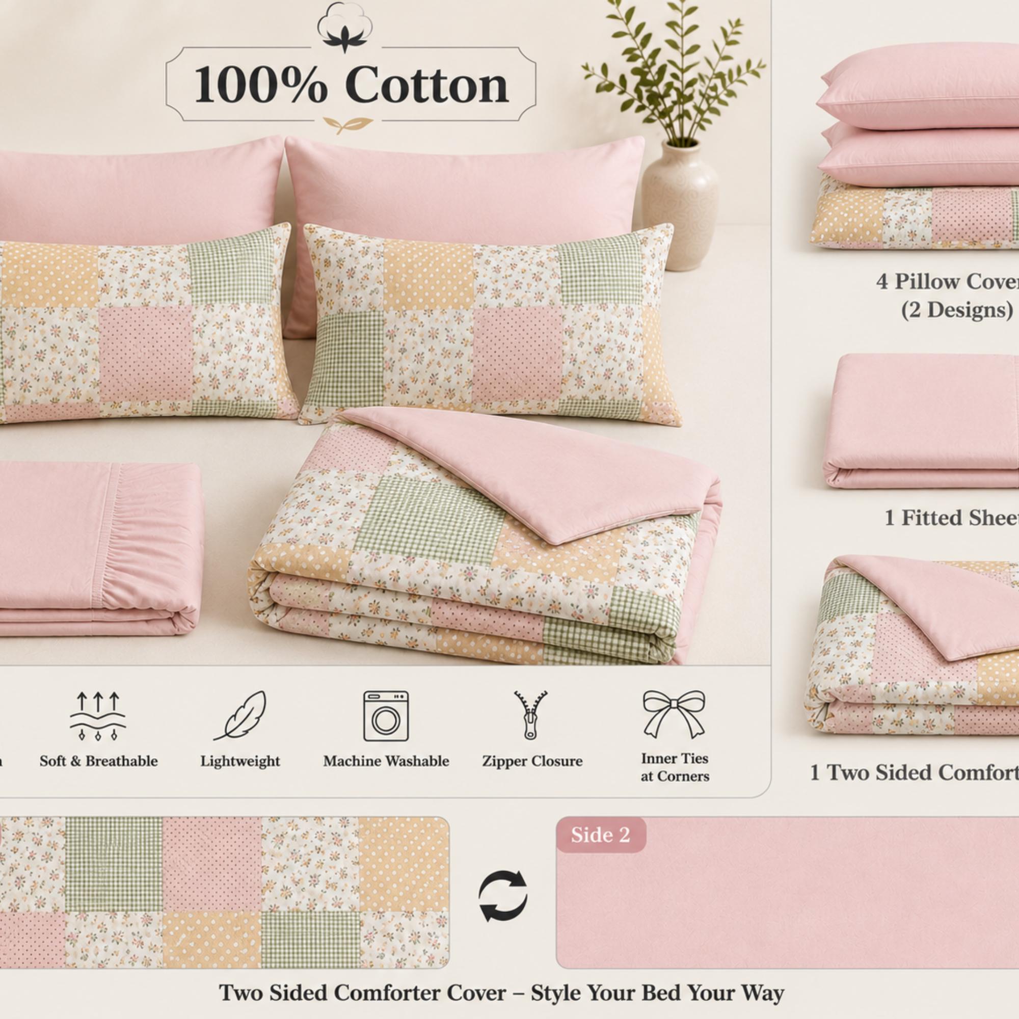 Patchwork Floral king size dauvet Set, Cottagecore Cotton Bedding, Fitted Sheet, Pillowcases