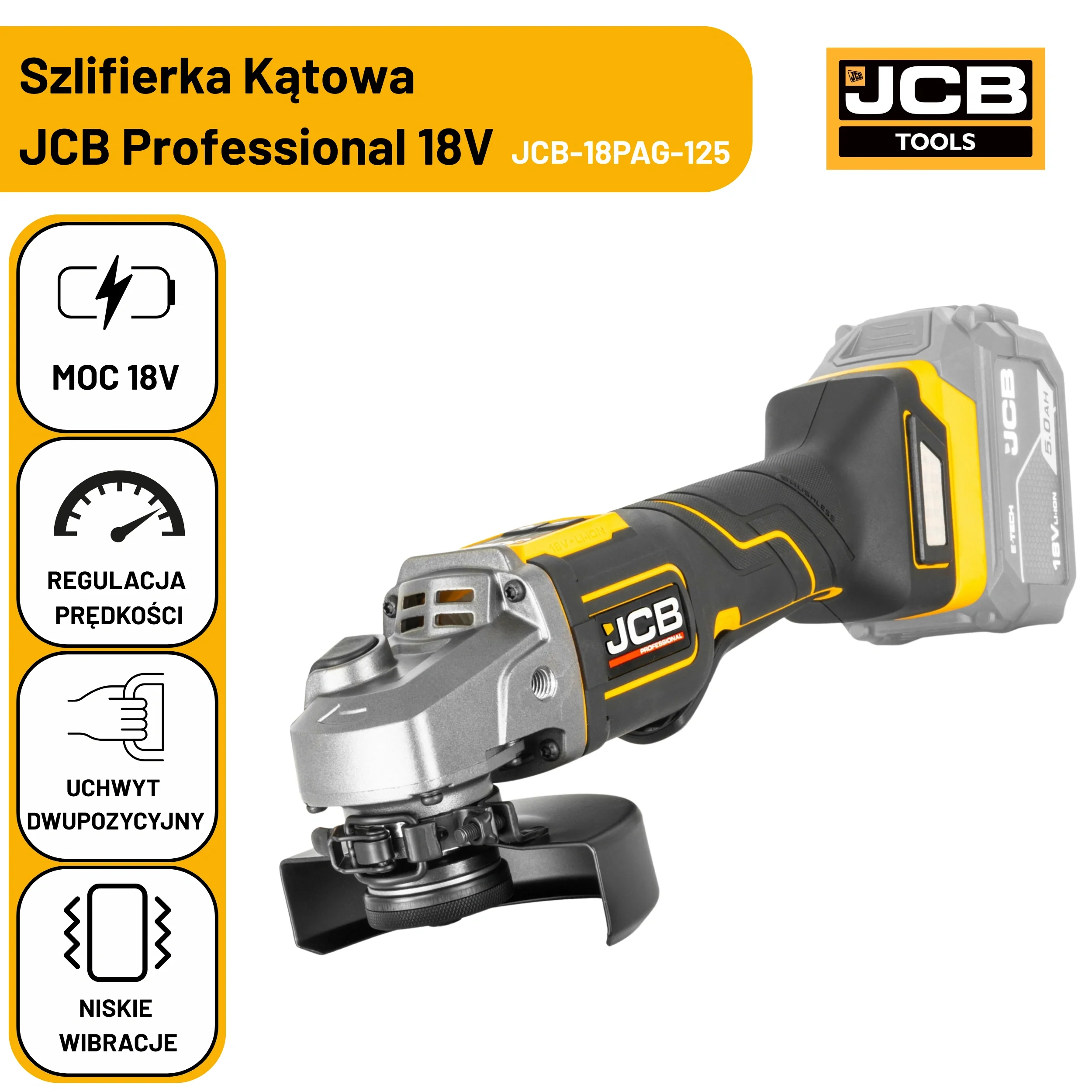 JCB Professional 18V Szlifierka Kątowa z Włącznikiem Łopatkowym (125 mm / 5