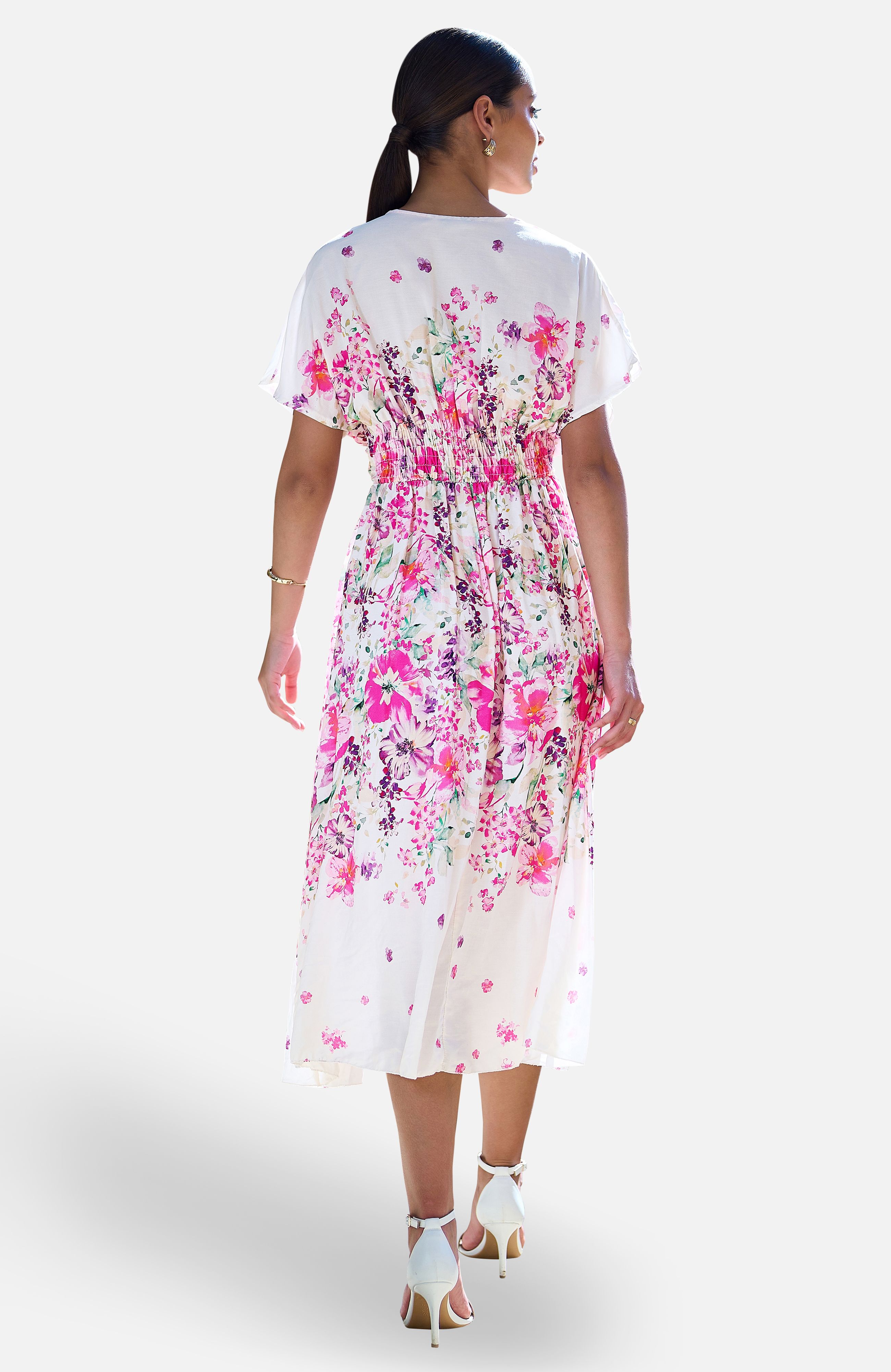 Yumi Pink Mirror Floral Print Ruched Waist Kimono Midi Dress