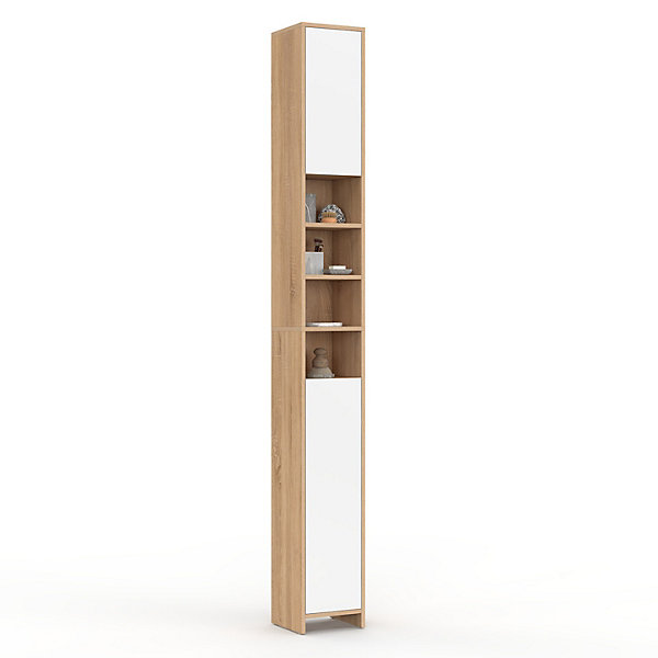Meuble colonne salle de bain TOMI 2 portes 4 niches façon hêtre et blanc