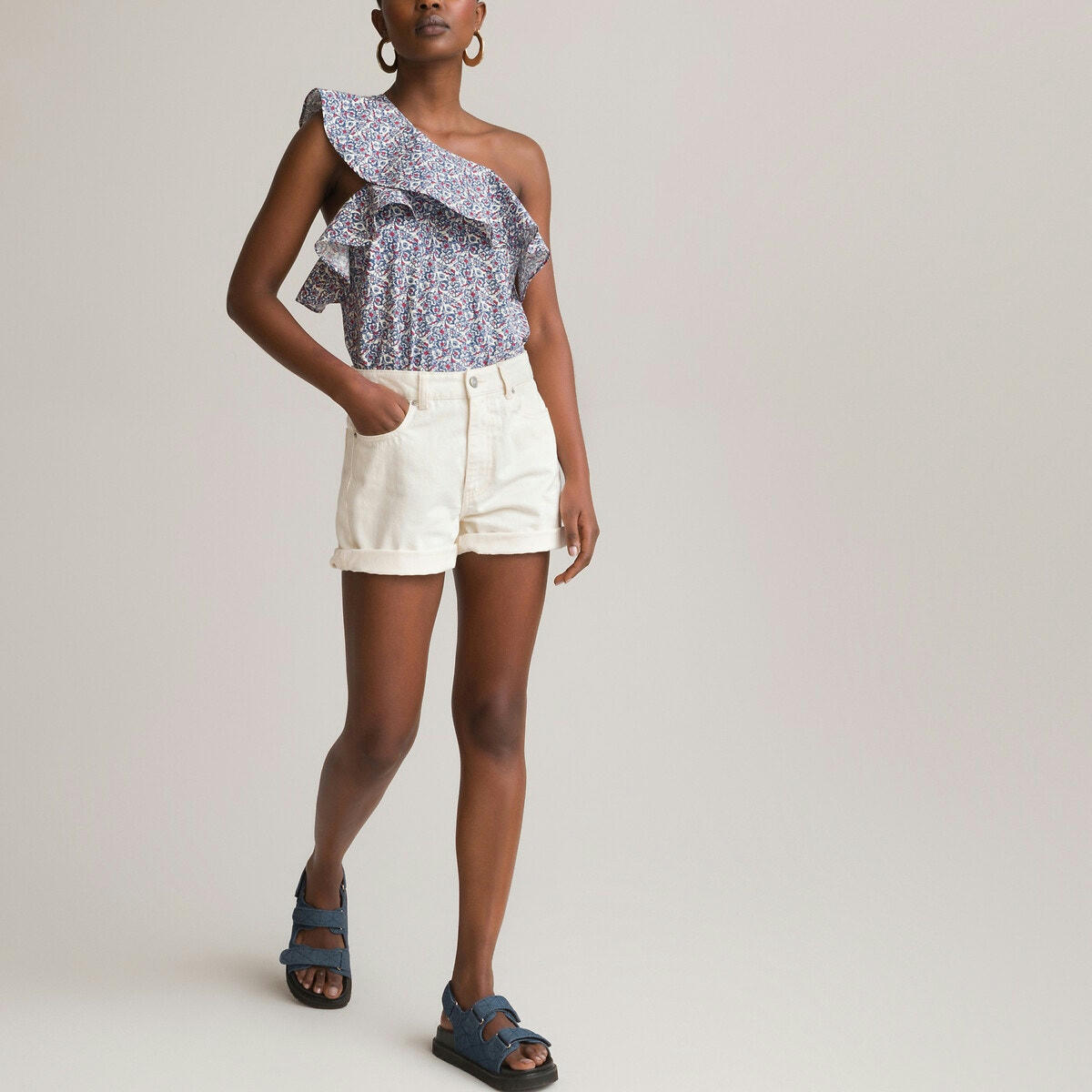 Blouse asymétrique à volants, imprimé fleurs