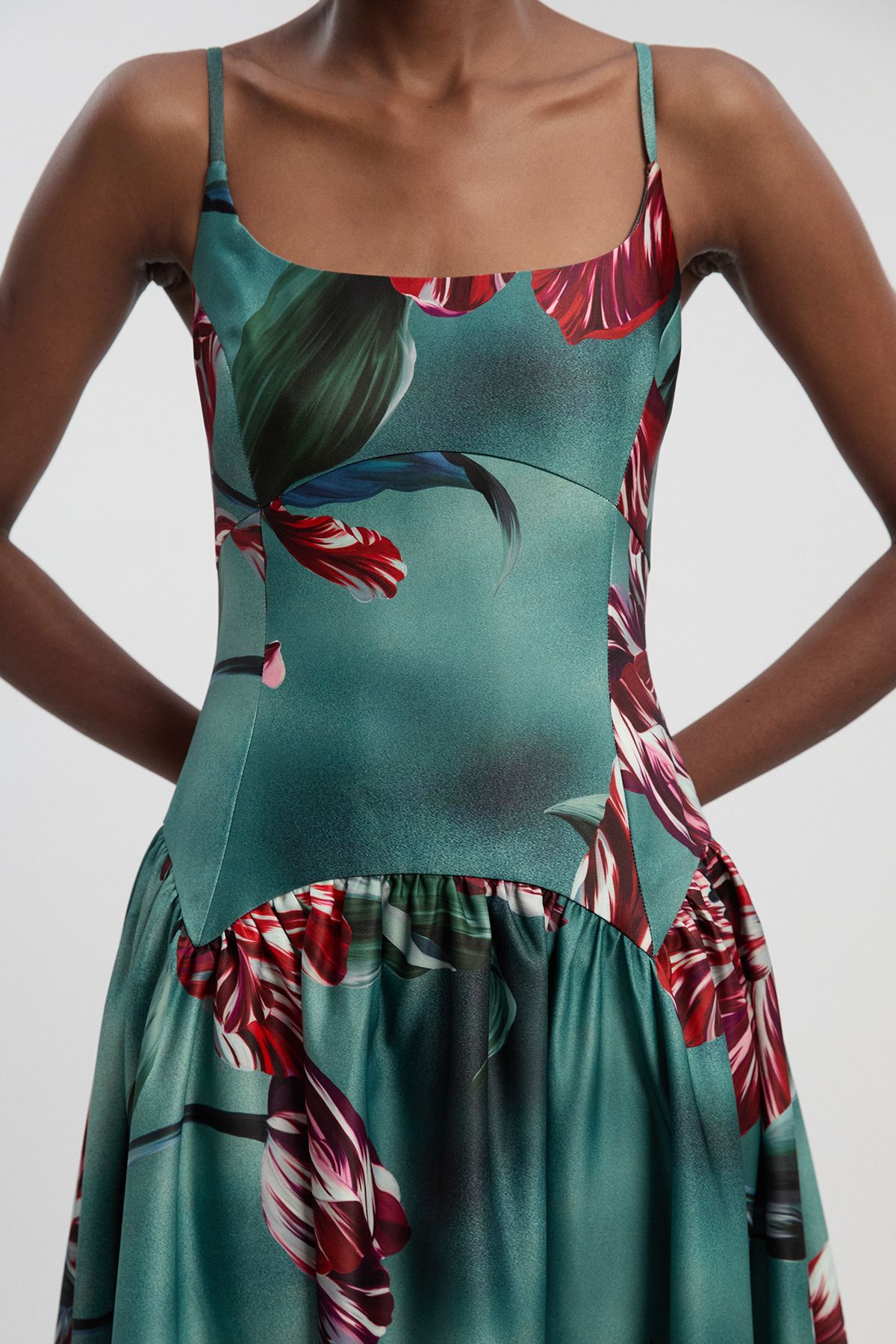KarenMillen Photographic Floral Heavy Satin Drop Waist Maxi Dress