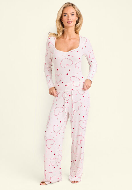Womens Cream Heart Ribbed Pyjama Bottoms