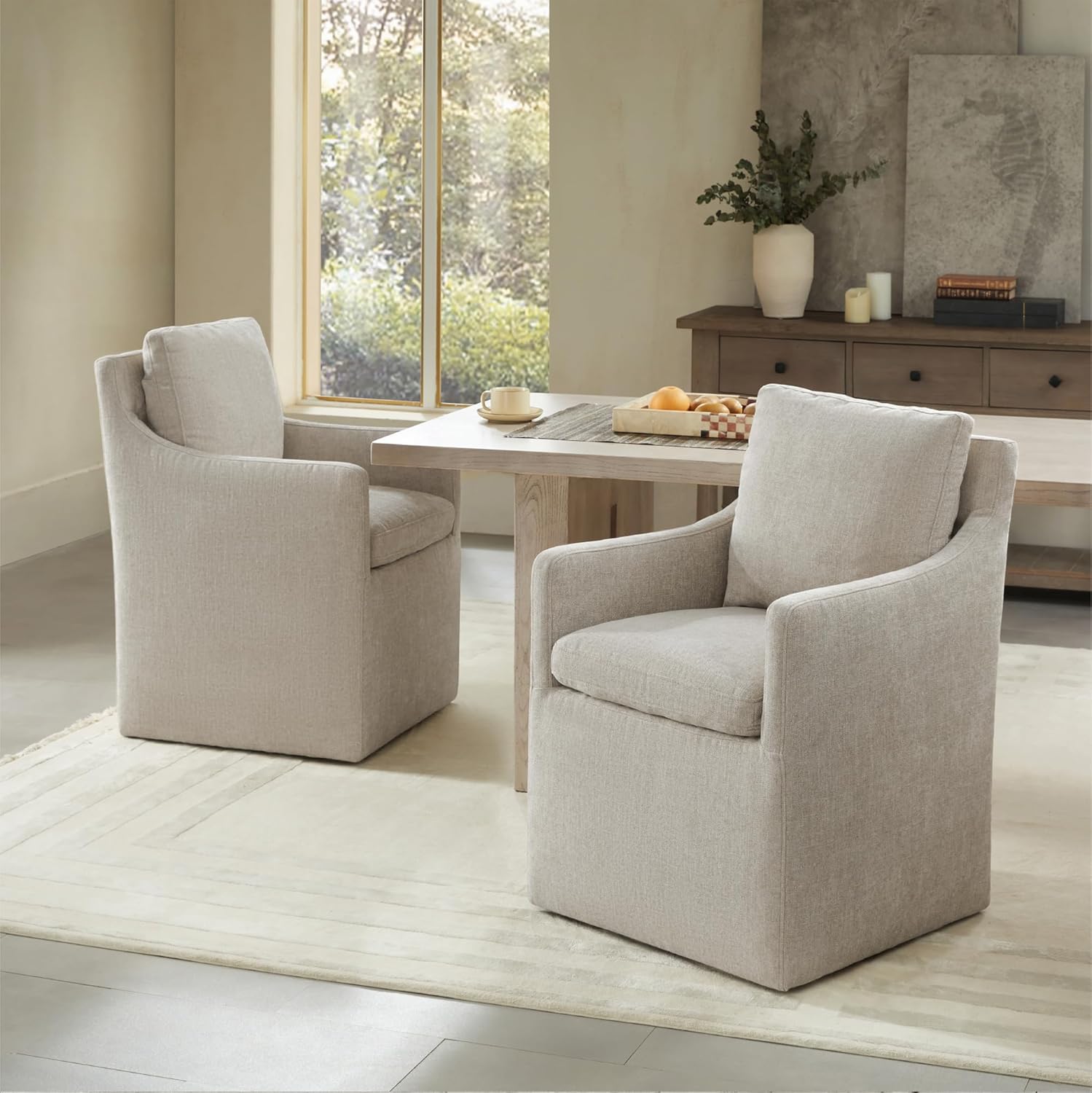 KISLOT Upholstered Dining Chairs with Casters, No Assembly Modern Accent Armchair with Rollers for Dining Room, Bedroom, Living Room, Reading Room, Already Assembled, Sand, 2 Box