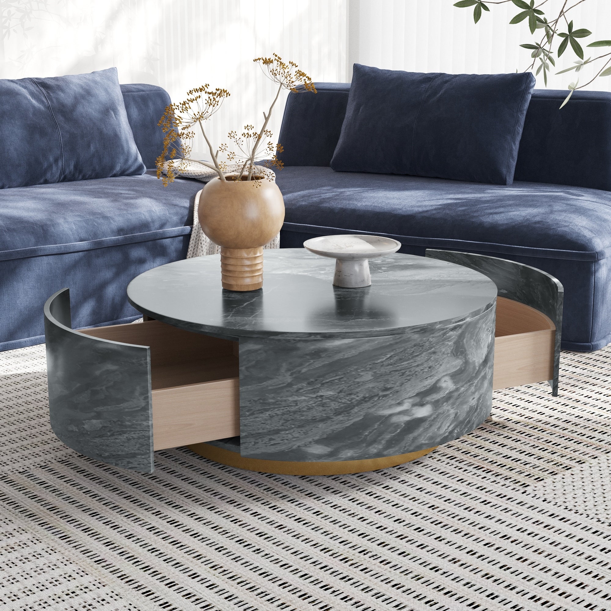 33.5 in Round Marble Top Modern Minimalist Coffee Table with Drawers