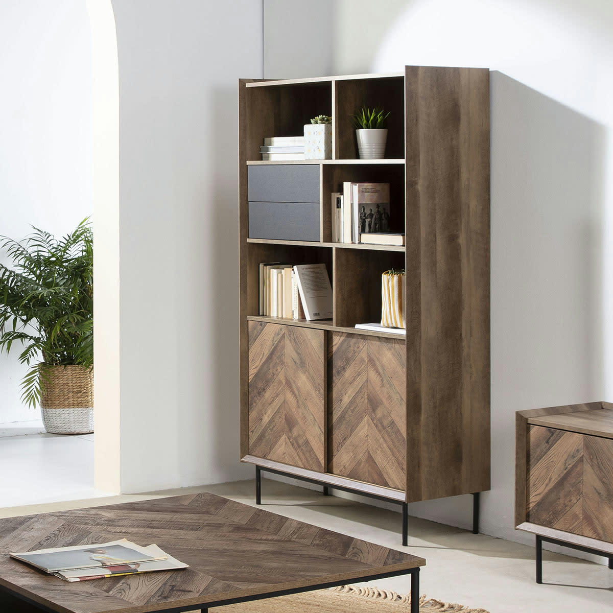 MARIO - Bibliothèque 2 portes 6 niches noir / effet chêne à chevrons 98 cm