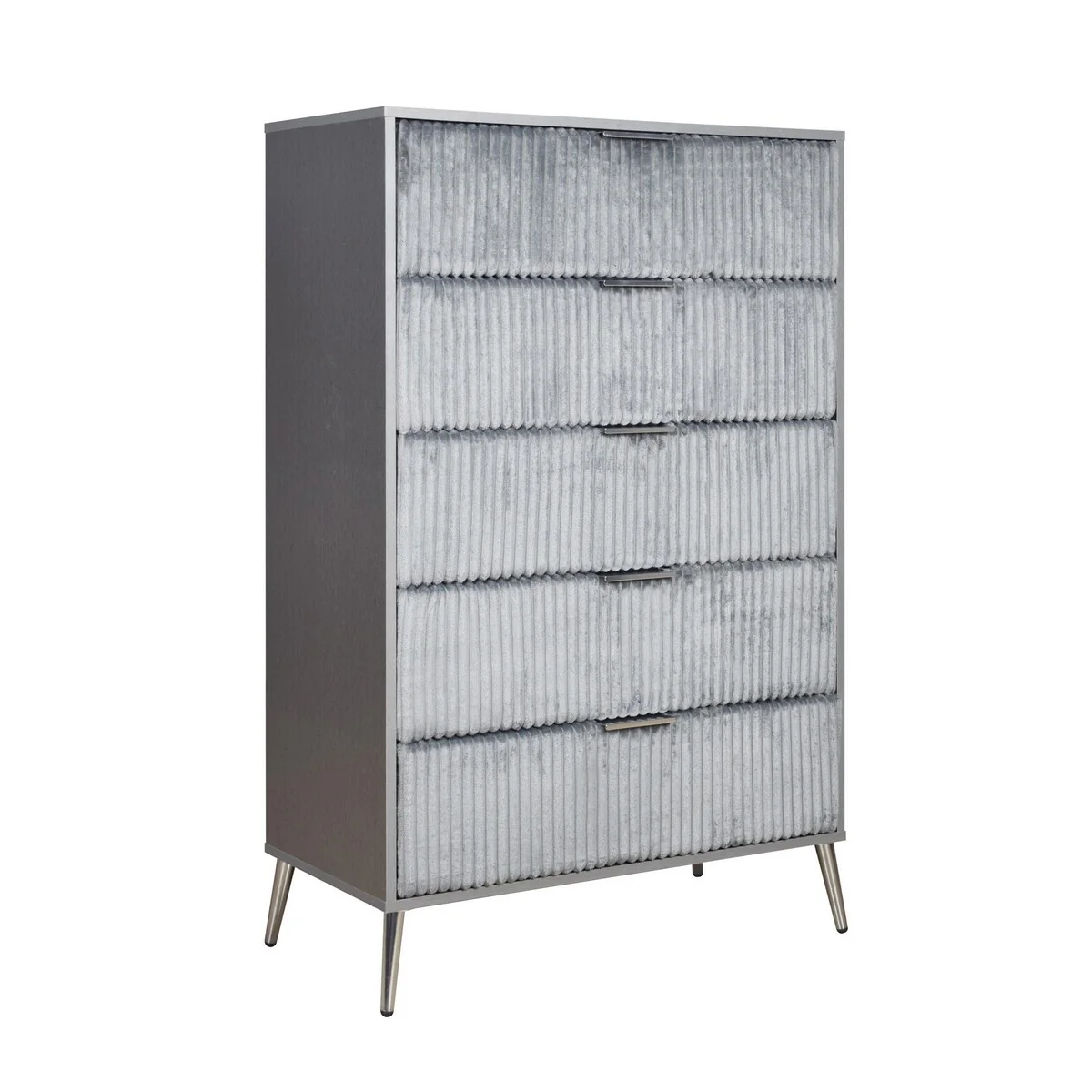 Moko 51 Inch Tall Dresser, 5 Fabirc Upholstered Drawers, Gray, Nickel