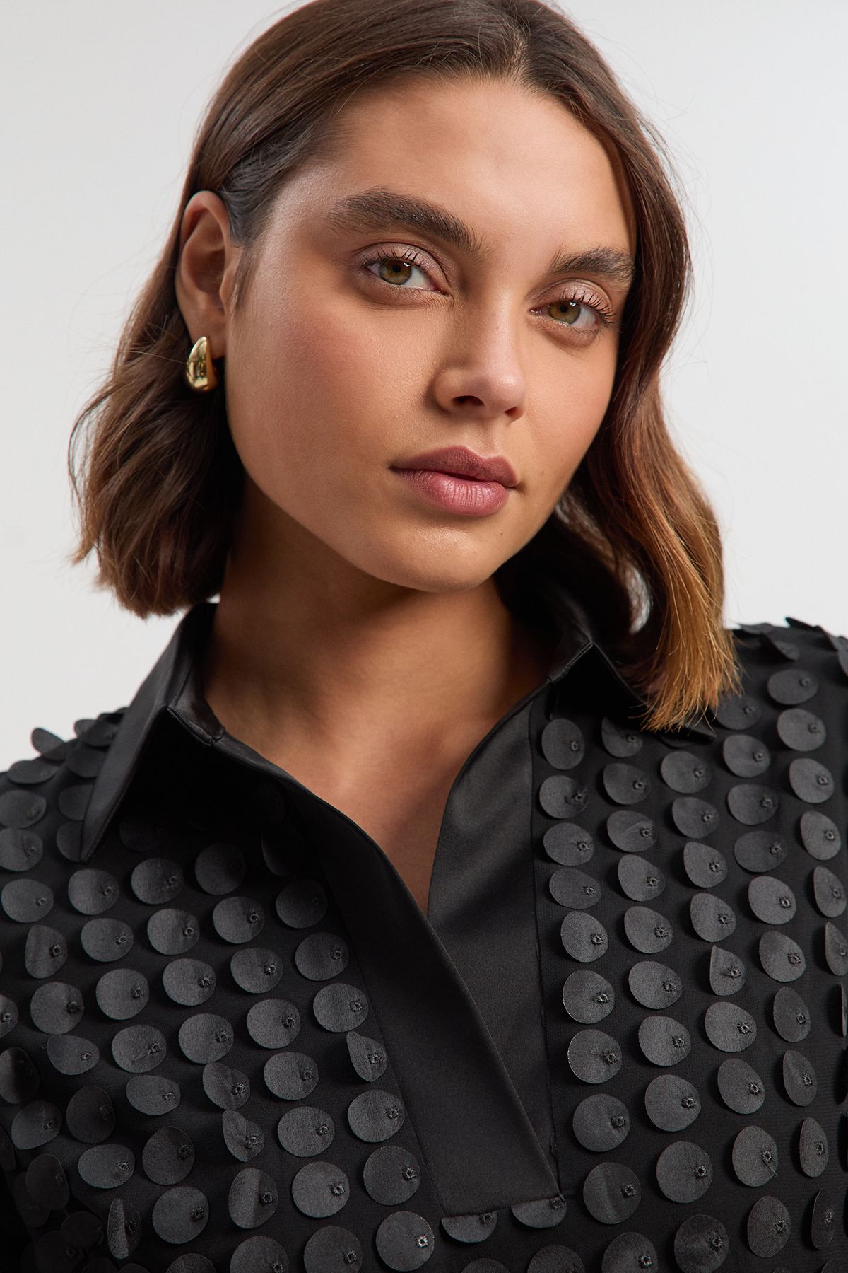 KarenMillen Textured Georgette With Satin Collared Shirt Midi Woven Dress
