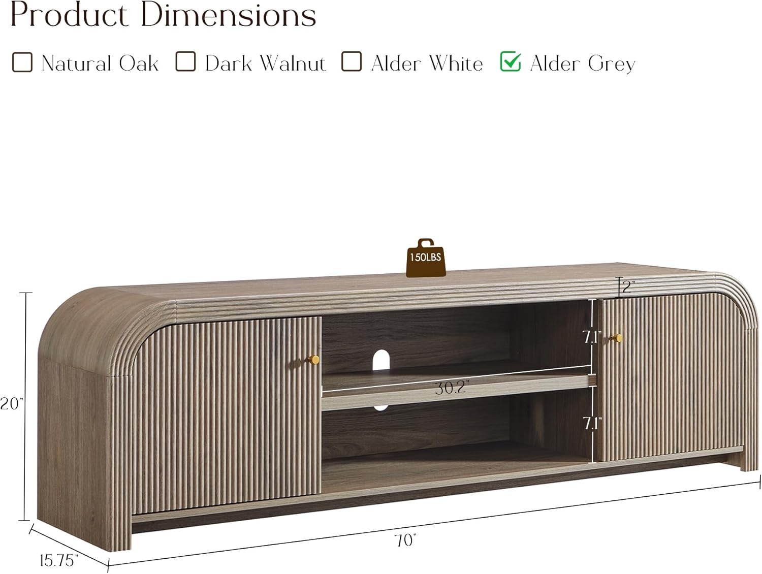 T4TREAM 70 Modern Fluted TV Stand, Long TV Table Entertainment Center with Storage, Media Console for Living Room with Door and Adjustable Shelves (Alder Grey)