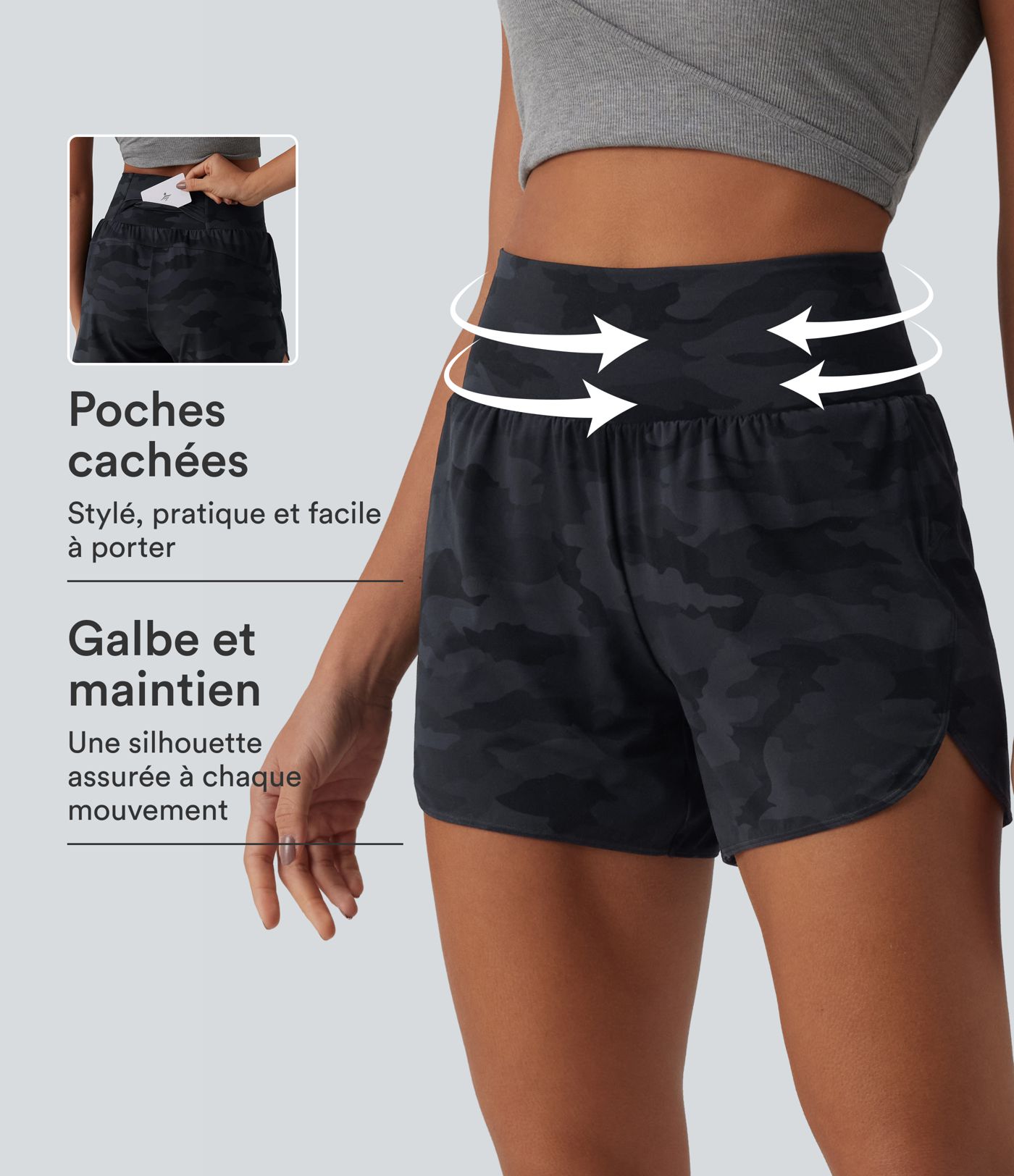 Short de running 2 en 1 Halara UltraSculpt™ gainant imprimé camouflage, taille haute, ourlet incurvé, 10 cm, avec poche