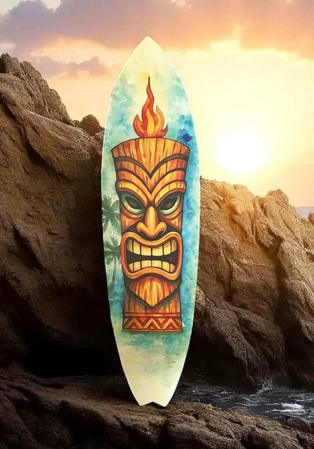 JennyGems Tiki Surfboard Wall Art Polynesian Tropical PVC Decor, Outdoor Tiki Mask Surfboard Sign for Patio, Beach House, Luau, or Bar Wall Display, 3 Foot