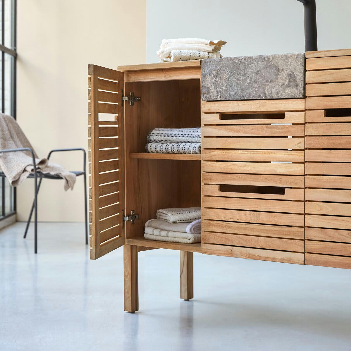 SLATS - Meuble salle de bain en teck massif et marbre 125 cm