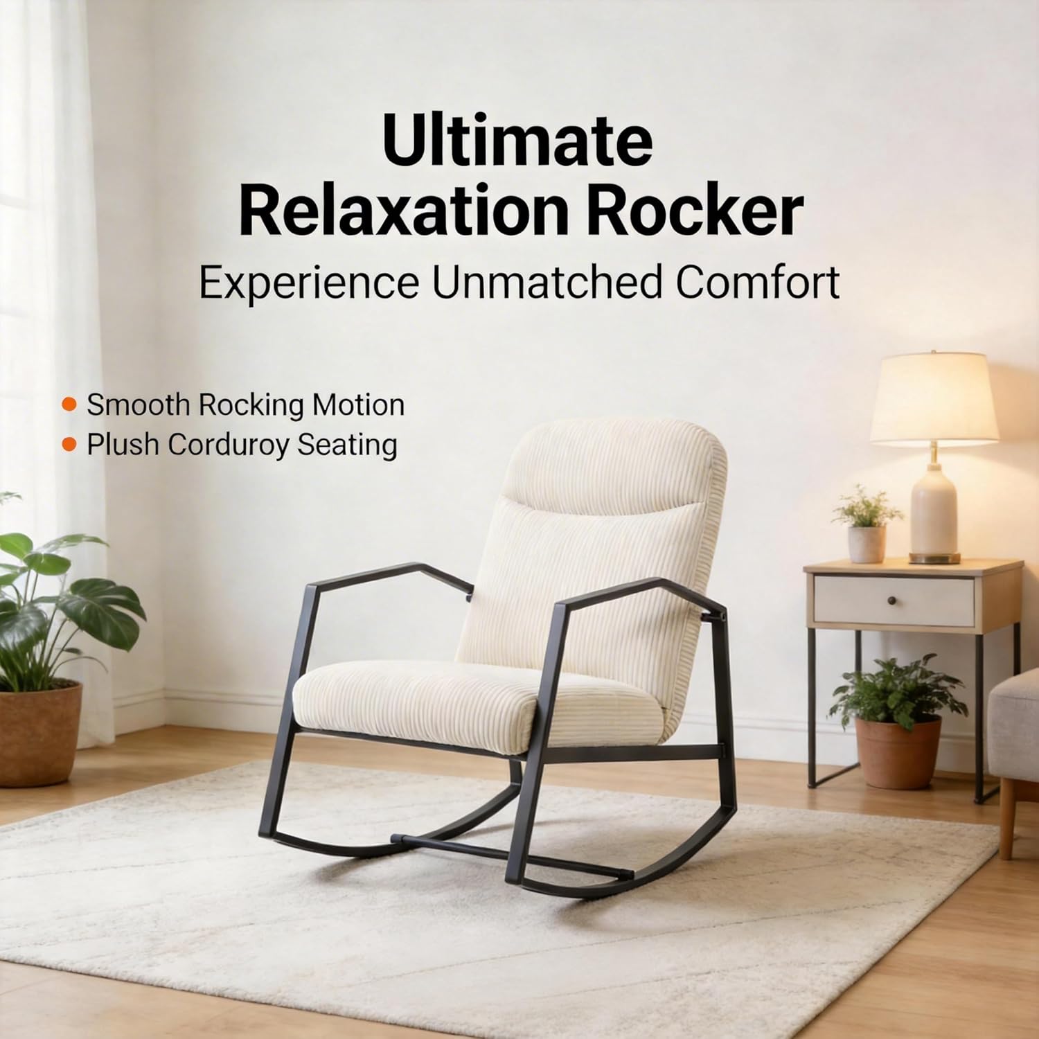 Kinfant Mid Century Modern Rocking Chair, Corduroy Upholstered Accent Chair with Metal Frame, High Back Nursery Glider Rocker, Comfy Reading Lounge Chair for Living Room Bedroom Small Space (Beige)