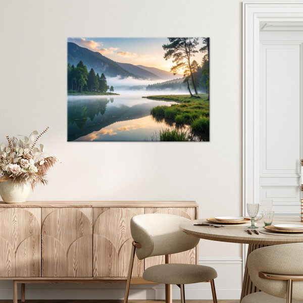Obraz do salonu sypialni biura, Widok jezioro las we mgle 30x20