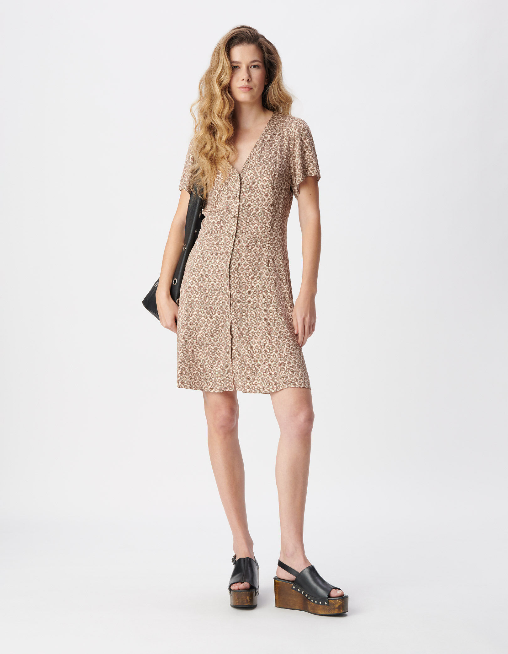 Robe courte imprimé cravate marron Femme