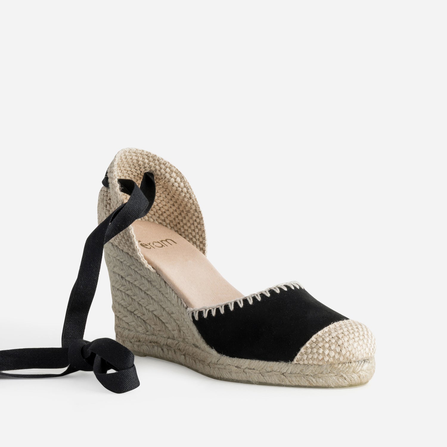 Espadrille compensée noire cuir velours brodé