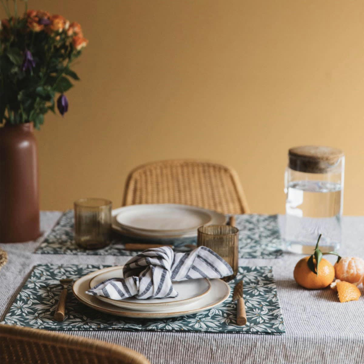 LA CABANE - Set de table en coton imprimé feuille bleue 35x50