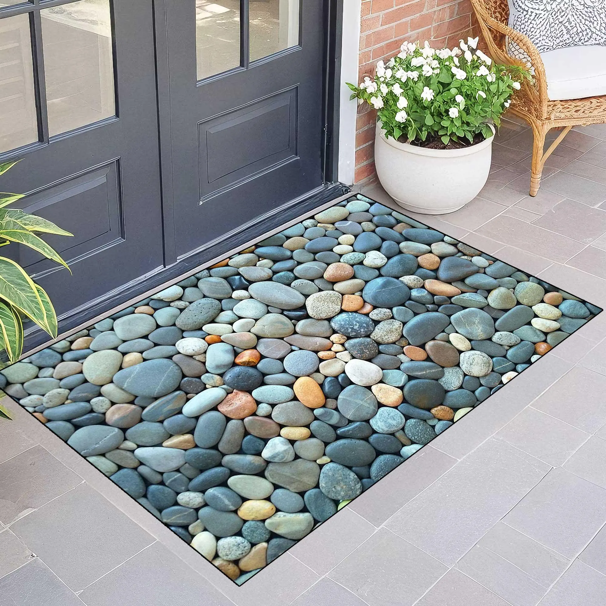 Stone Pebble Doormat, Outdoor Entryway Rug, Natural Rock Texture Door Mat, Waterproof Garden Patio Welcome Mat