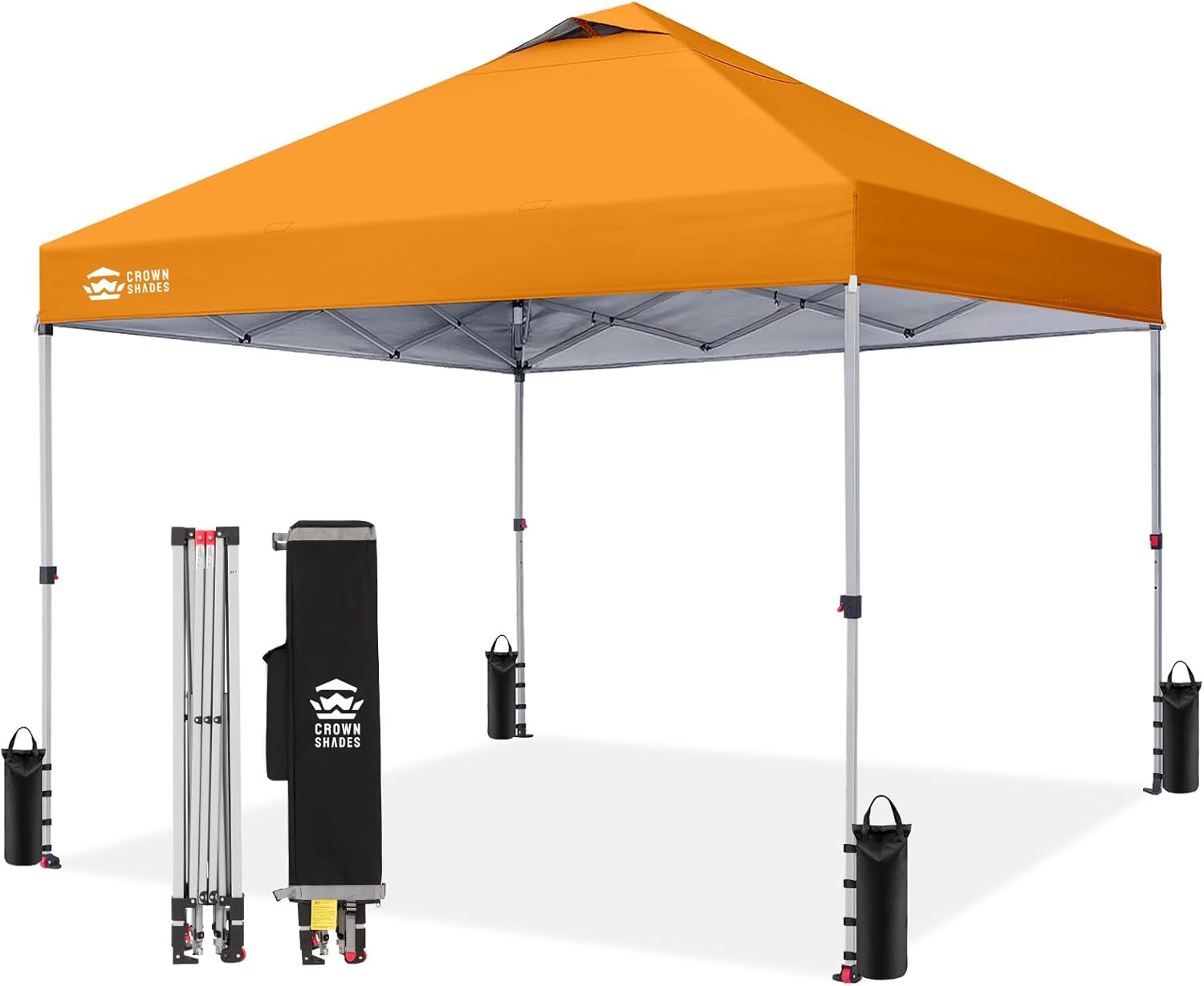 CROWN SHADES 10x10 Pop Up Canopy - Beach Tent with One Push Setup - Easy Outdoor Sun Shade for Events, Parties, Camping - Gazebo with STO-N-Go Cover Bag, Silver Coated Top, Orange