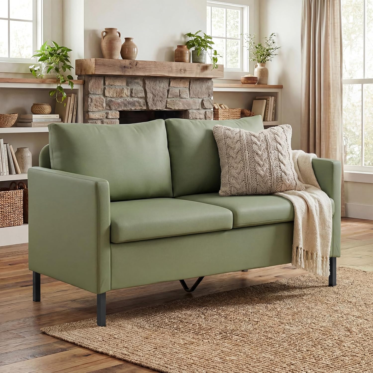 TYBOATLE Faux Leather Modern Small Couches for Small Spaces, Comfy Upholstered Love Seat for Bedroom, 2 Seater Mini Couch for Apartment, Dorm, Office, Green