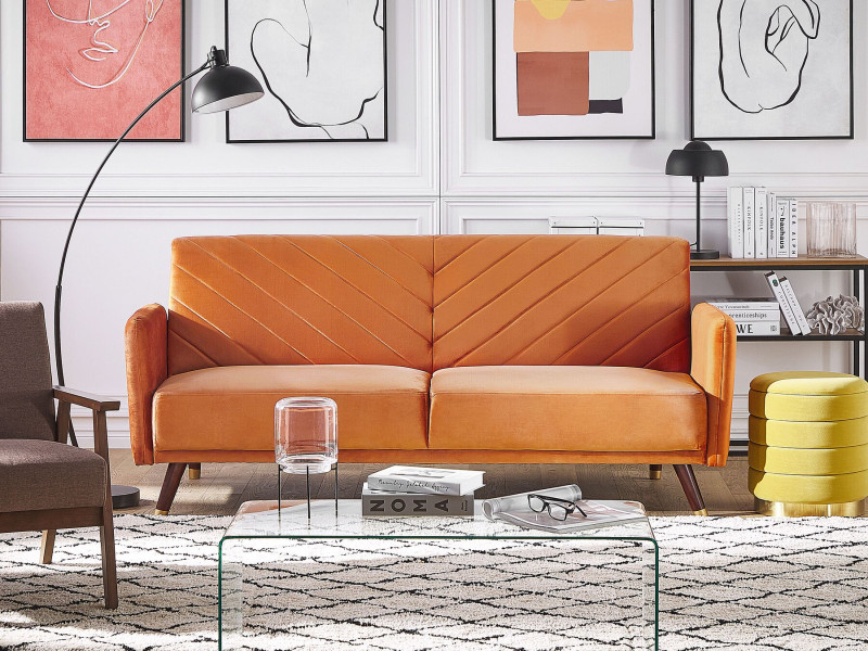 Sofa kanapa rozkładana welur pomarańczowa