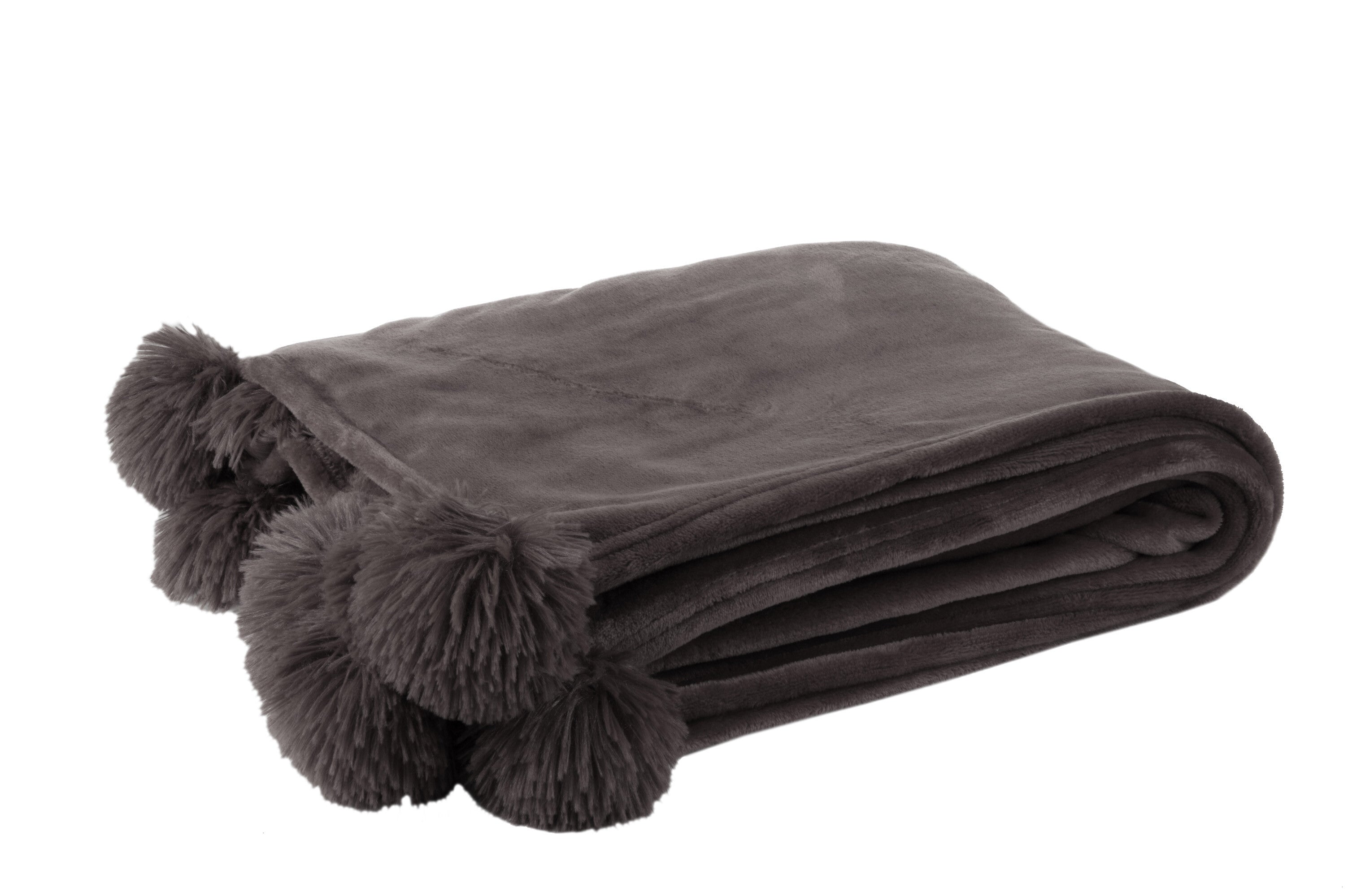 J-Line plaid Pompom - polyester - donkertaupe - 170 x 130 cm