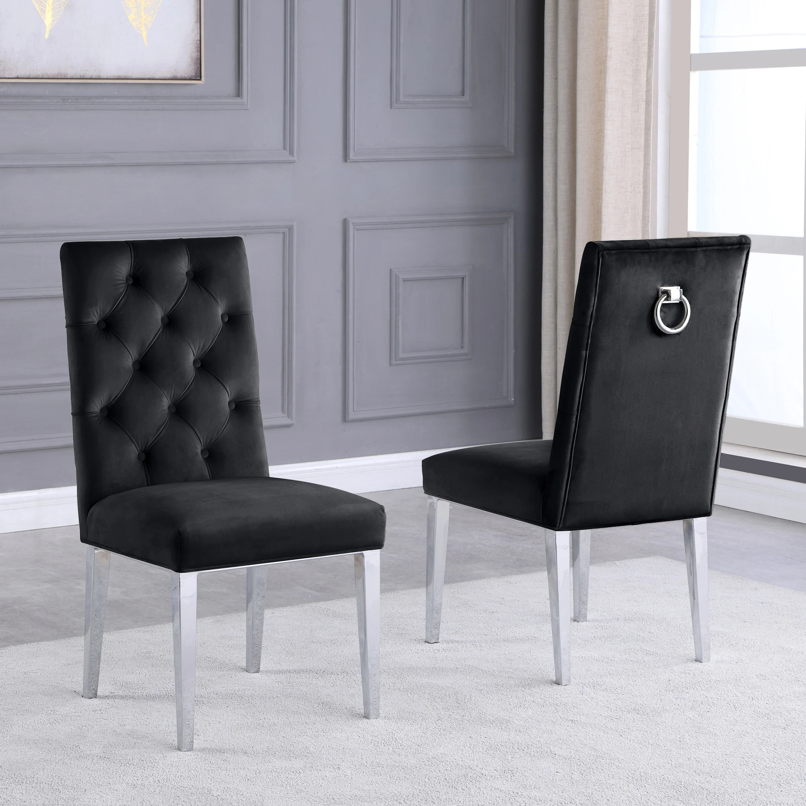 Best Quality Furniture Velvet Button Tufted Side Chairs with Chrome Base- Set of 2