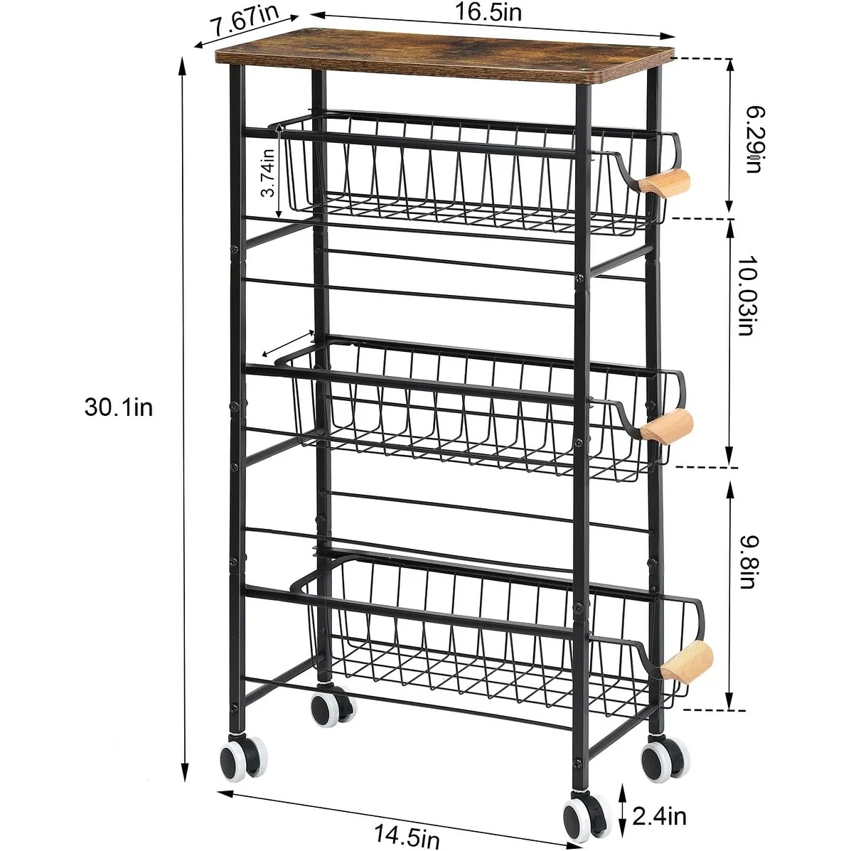 4-Tier Slim Storage Cart with Slide-Out Wire Baskets - 1PCS