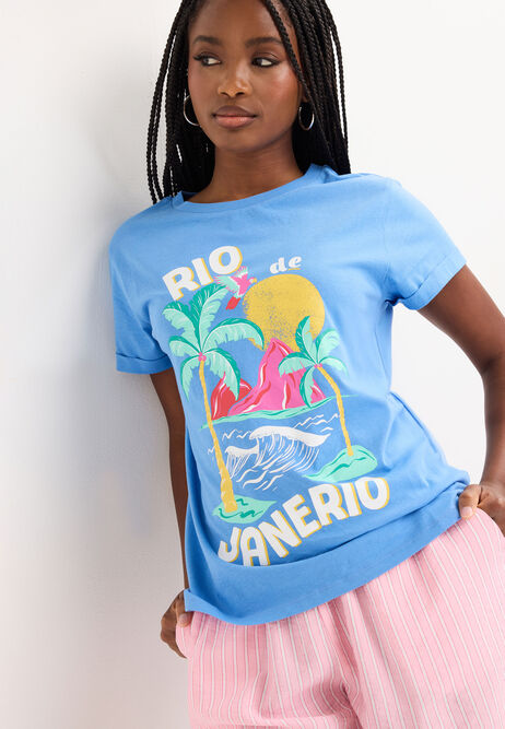 Womens Blue Rio Island Cotton T-Shirt