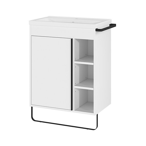Meuble vasque faible profondeur blanc avec porte-serviettes l.65 x H.82 x P.36 cm Maza   plan vasque céramique blanc Nira, GoodHome