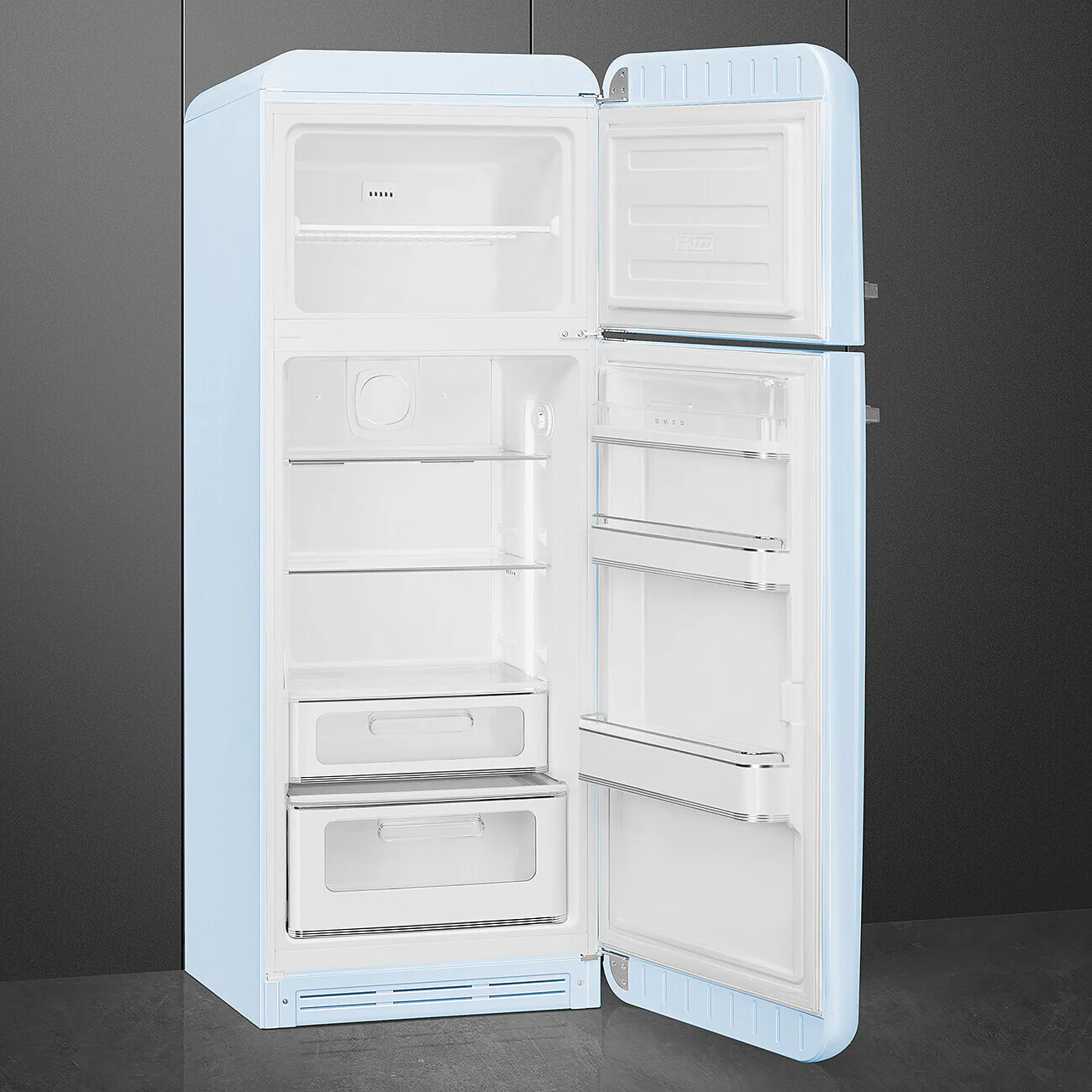 60cm 50s Style Right Hand Hinge Freezer over Fridge Pastel Blue
