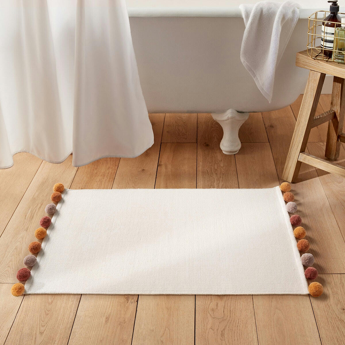 Tapis de bain coton tissé, Pompons
