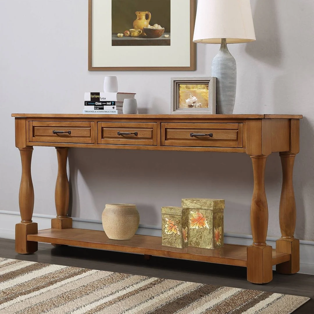 63” Solid Wood Console Table with 3 Drawers and 1 Bottom Shel