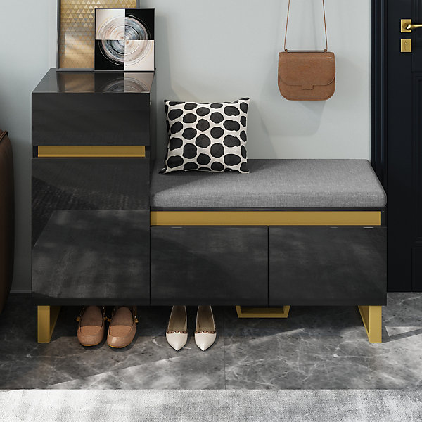 Meuble à Chaussures d'entrée - avec Tiroir et Portes - Banc avec Coussin Moelleux - MDF - 120x35x85 cm - Noir