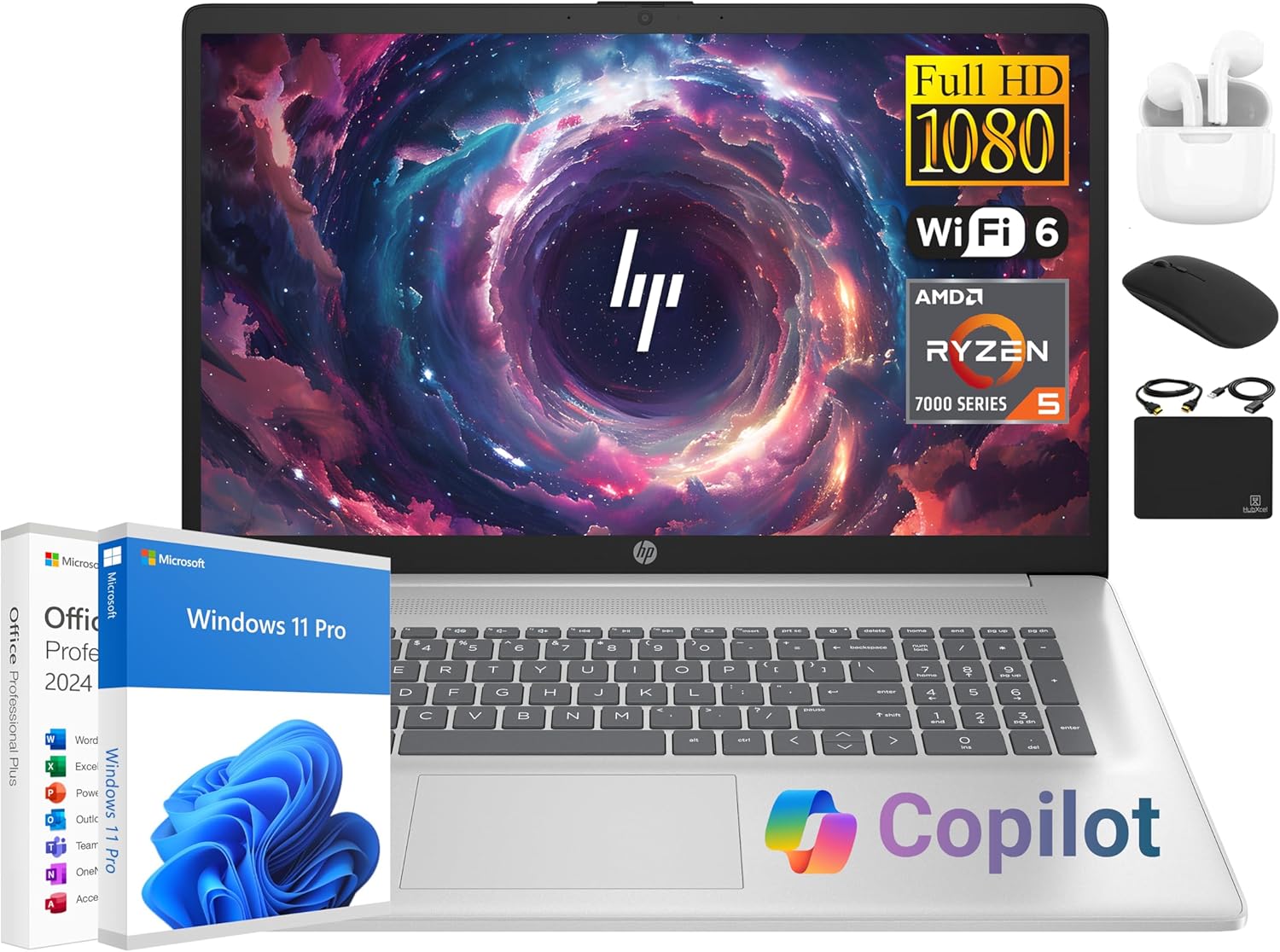 HP 17 Laptop Essential Computer  17.3 IPS FHD Business PC  6-Core AMD Ryzen 5  32GB RAM  1.5TB Storage (1TB SSD + 500GB Ext)  Windows 11 Pro Copilot AI Lifetime Office  HubxcelAccesory  Number Pad