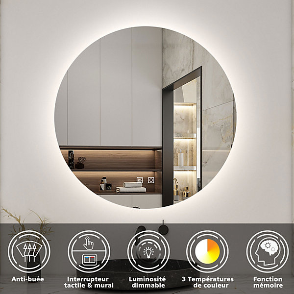 Miroir de salle de bain LED rond 100 cm avec rétro-éclairage, tricolore   anti-buée   mémoire   gradation infinie, AICA SANITAIRE