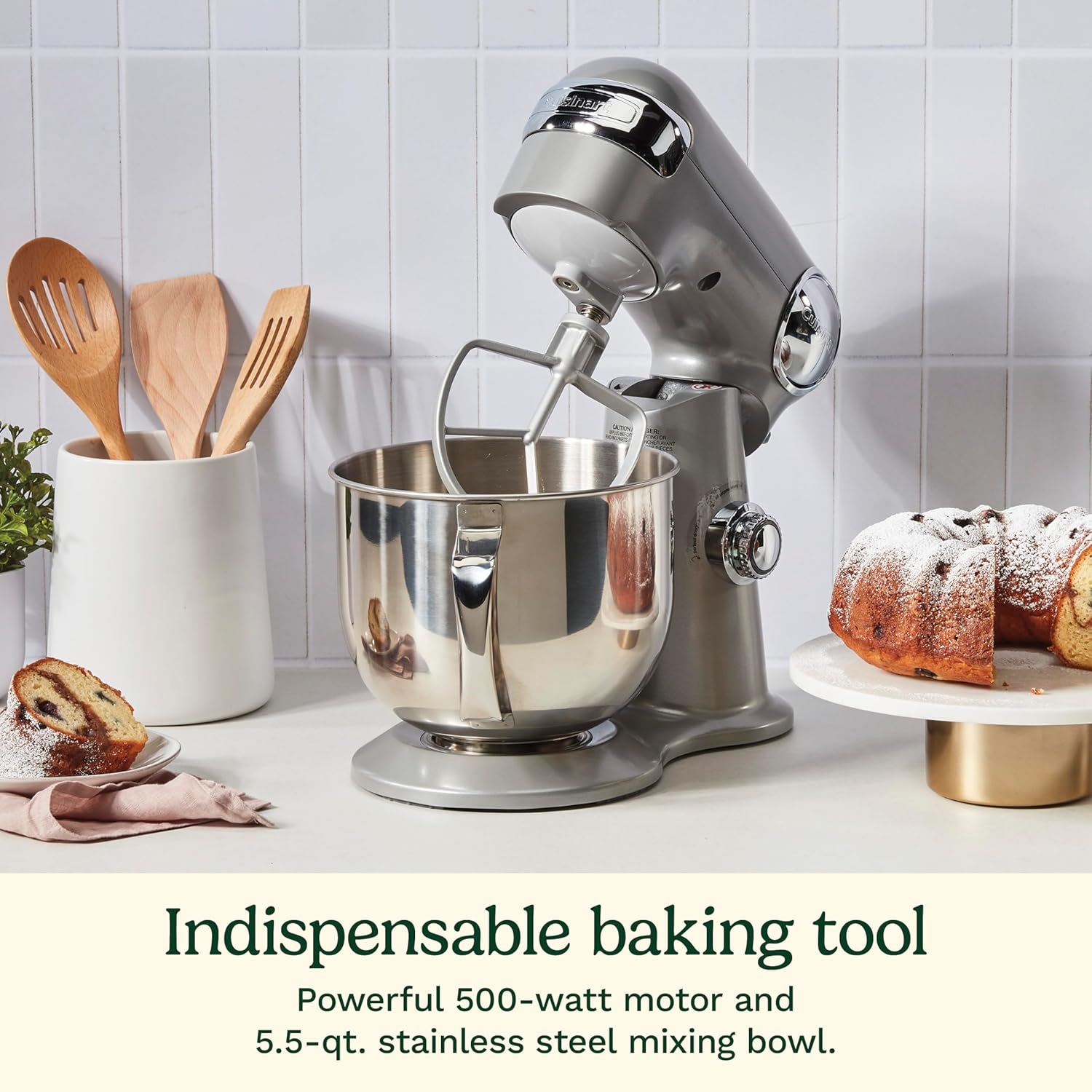 Cuisinart Stand Mixer, 12 Speeds, 5.5-Quart Mixing Bowl, Chef's Whisk, Flat Mixing Paddle, Dough Hook, and Splash Guard with Pour Spout, Silver Lining, SM-50BCNAS, Silver Lining