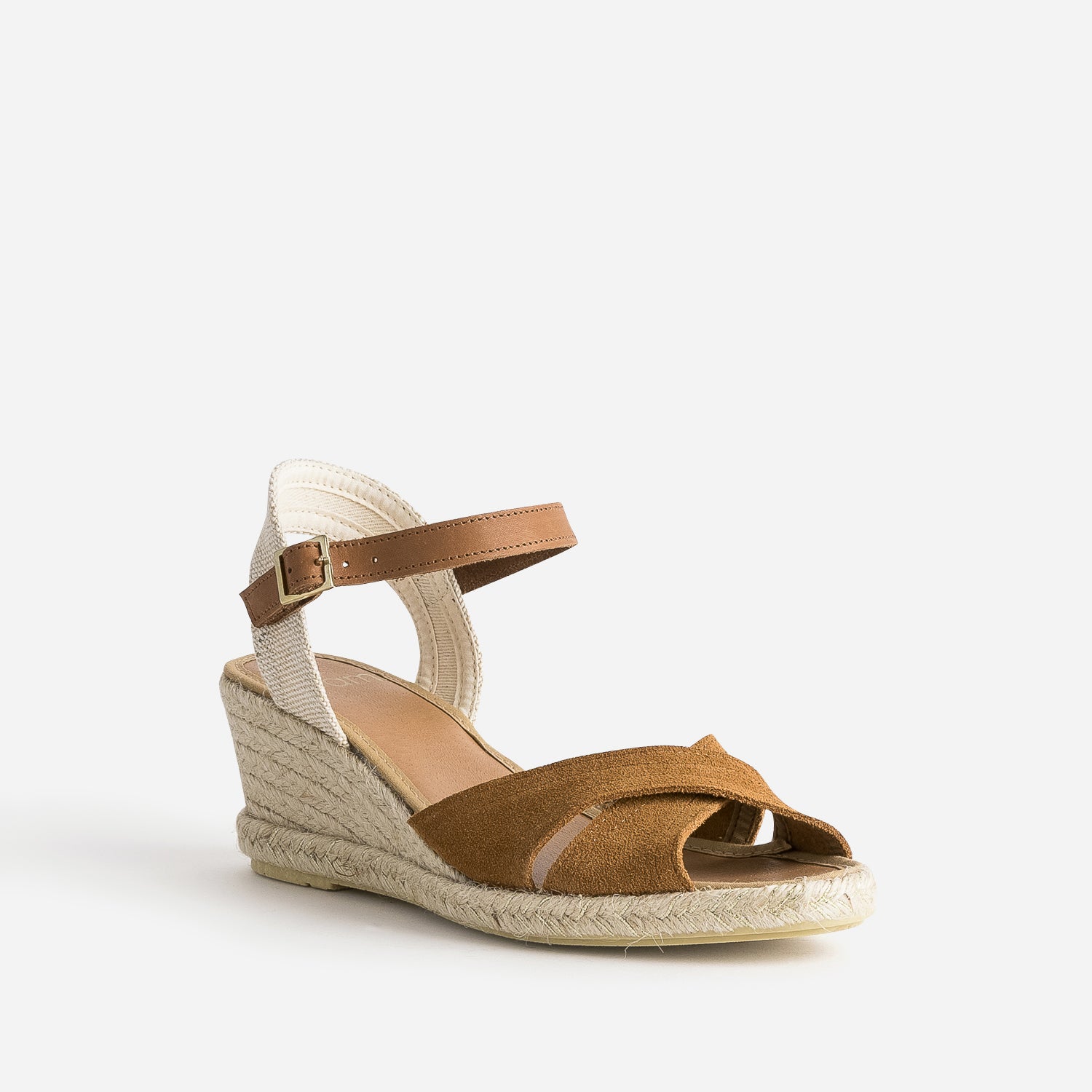 Sandale compensée camel en cuir velours éco-conçu