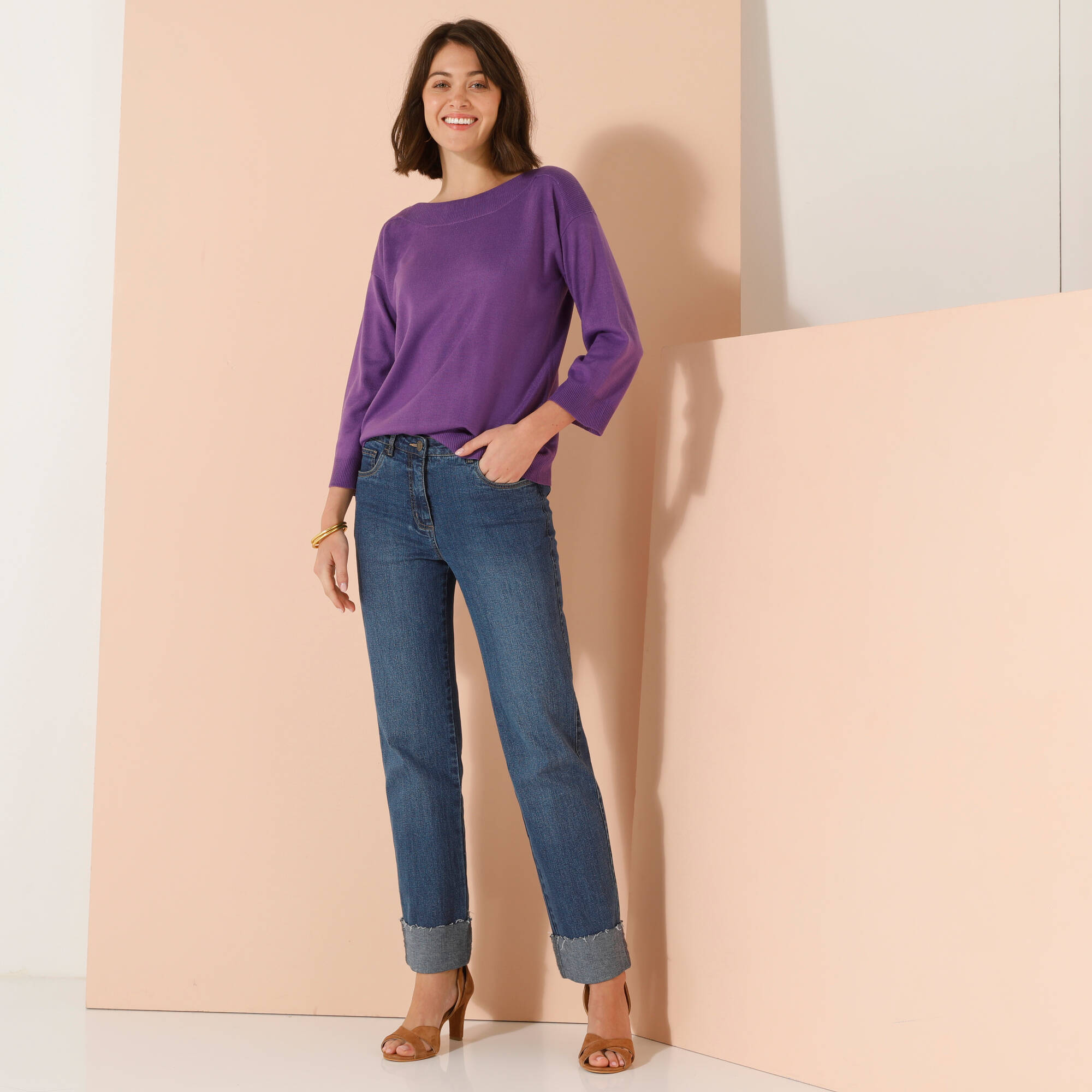 Pull col bateau manches 3/4, toucher doux