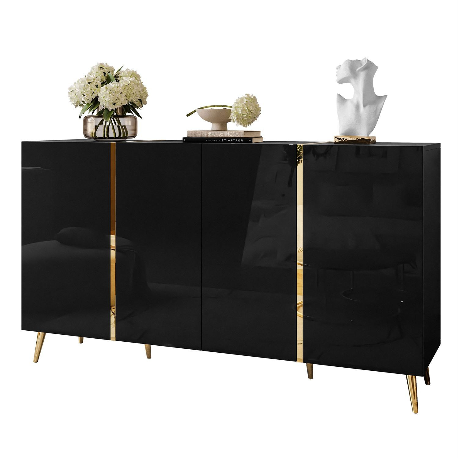 Komoda ONYX 4D 158 cm na złotych nóżkach, czarna