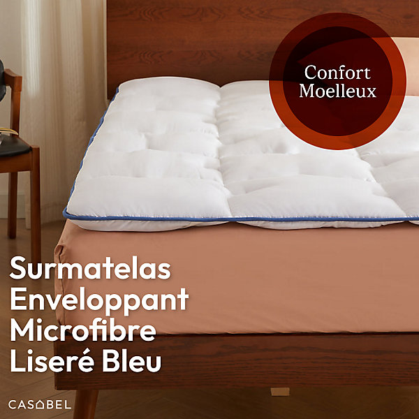 CASABEL surmatelas enveloppant 120x195 cm en microfibre respirante, ultra moelleux, anti-acariens, avec liseré bleu