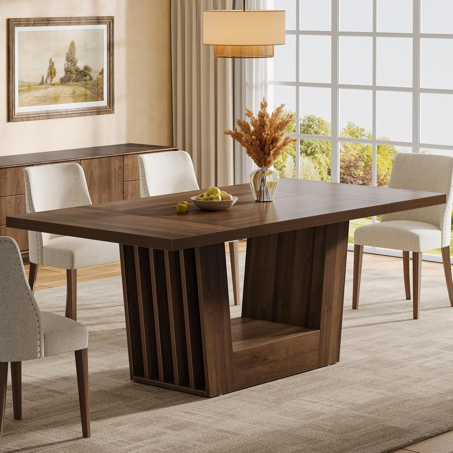 Tribesigns 63-Inch Dining Table for 4-6, Farmhouse Rectangular Kitchen Dinner Table with Heavy-Duty Base, Wood Dining Room Furniture for Kitchen, Living Room, Home, Brown