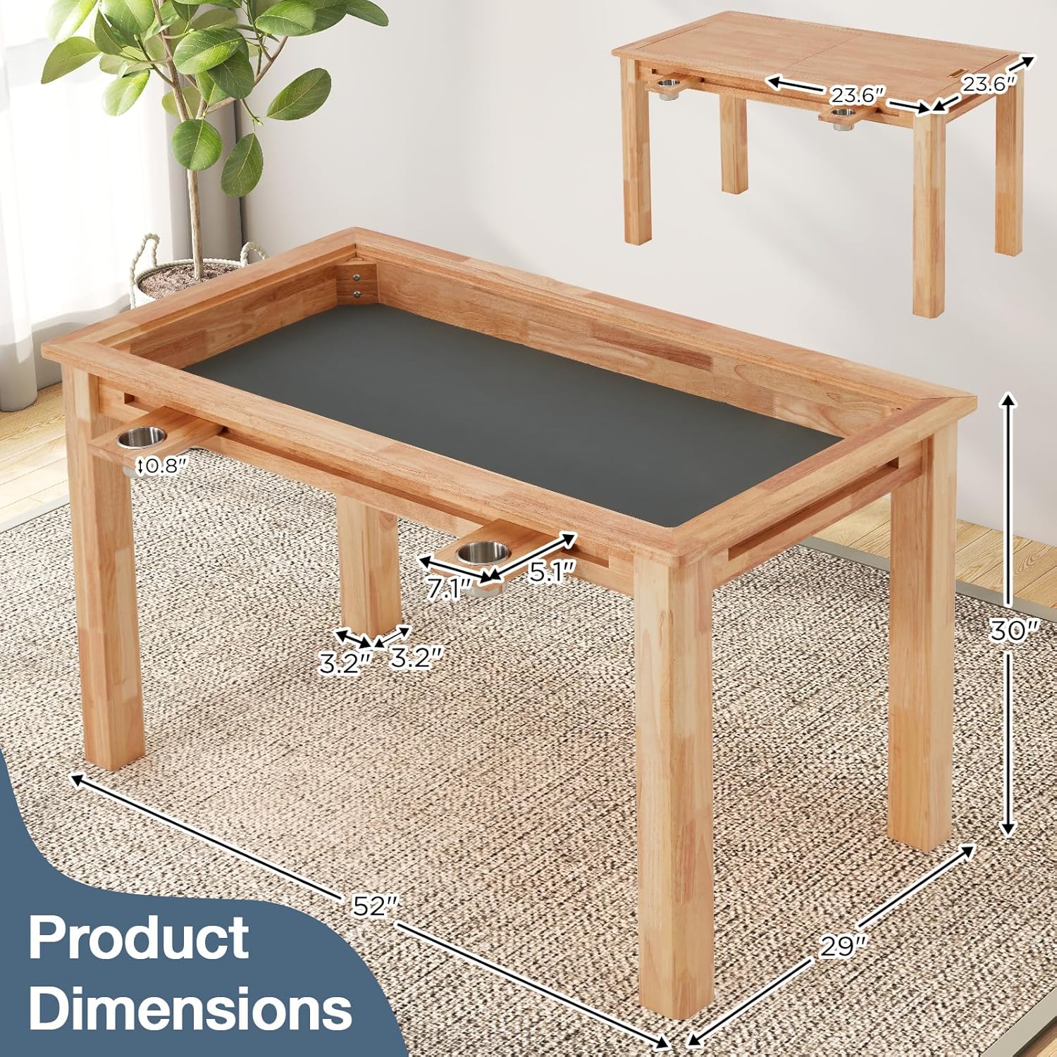Oak Board Game Table with Removable Table Top, 52 x 29 Play Area, PU Leather Playmat & 4 Cup Holders, Seats 4-6 Players, Dual-Purpose for Gaming & Dining