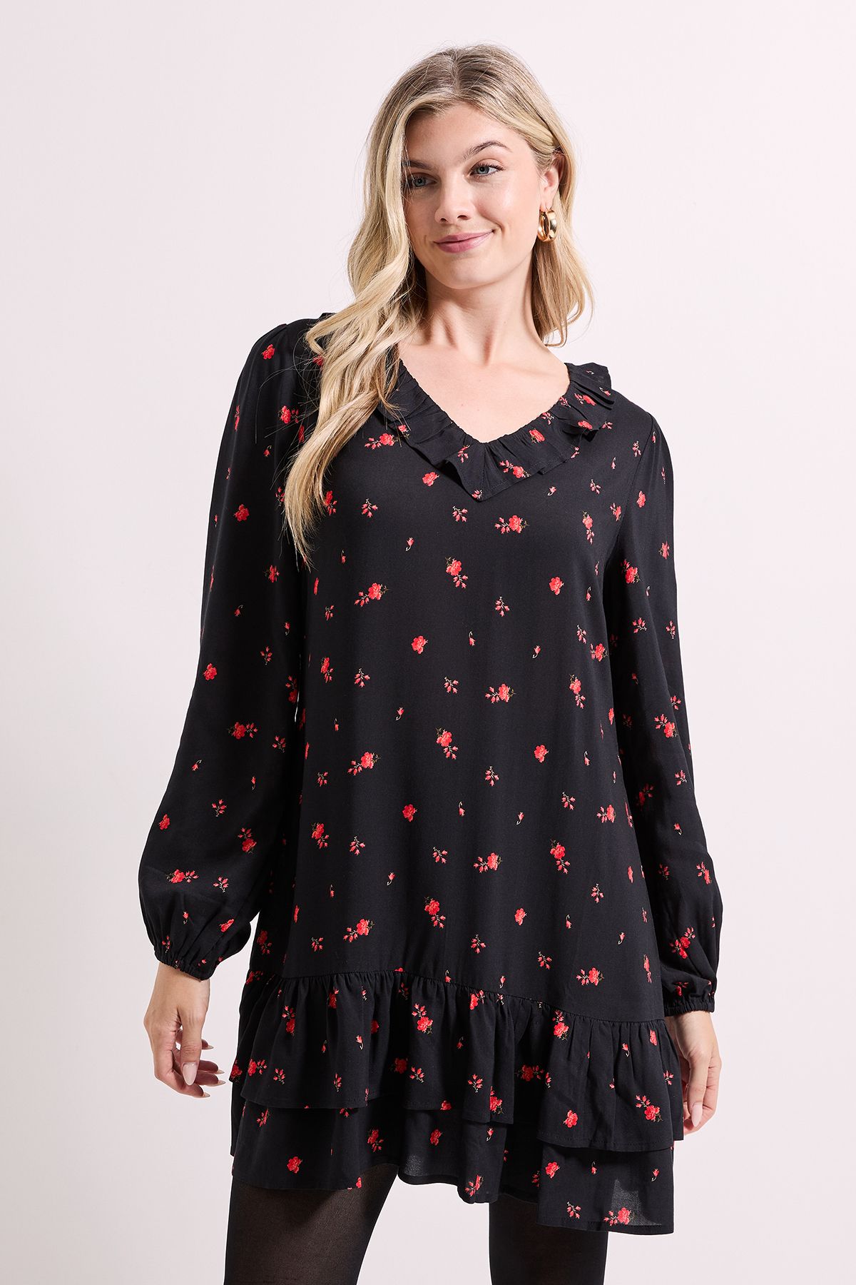 Dorothy Perkins Ditsy Floral Collar Detail Blouson Sleeve Tiered Mini Dress