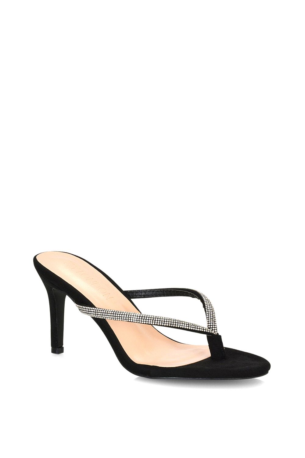 XY London Tiami' Thong Strap Slip On Stiletto Diamante Heeled Sandal Mules