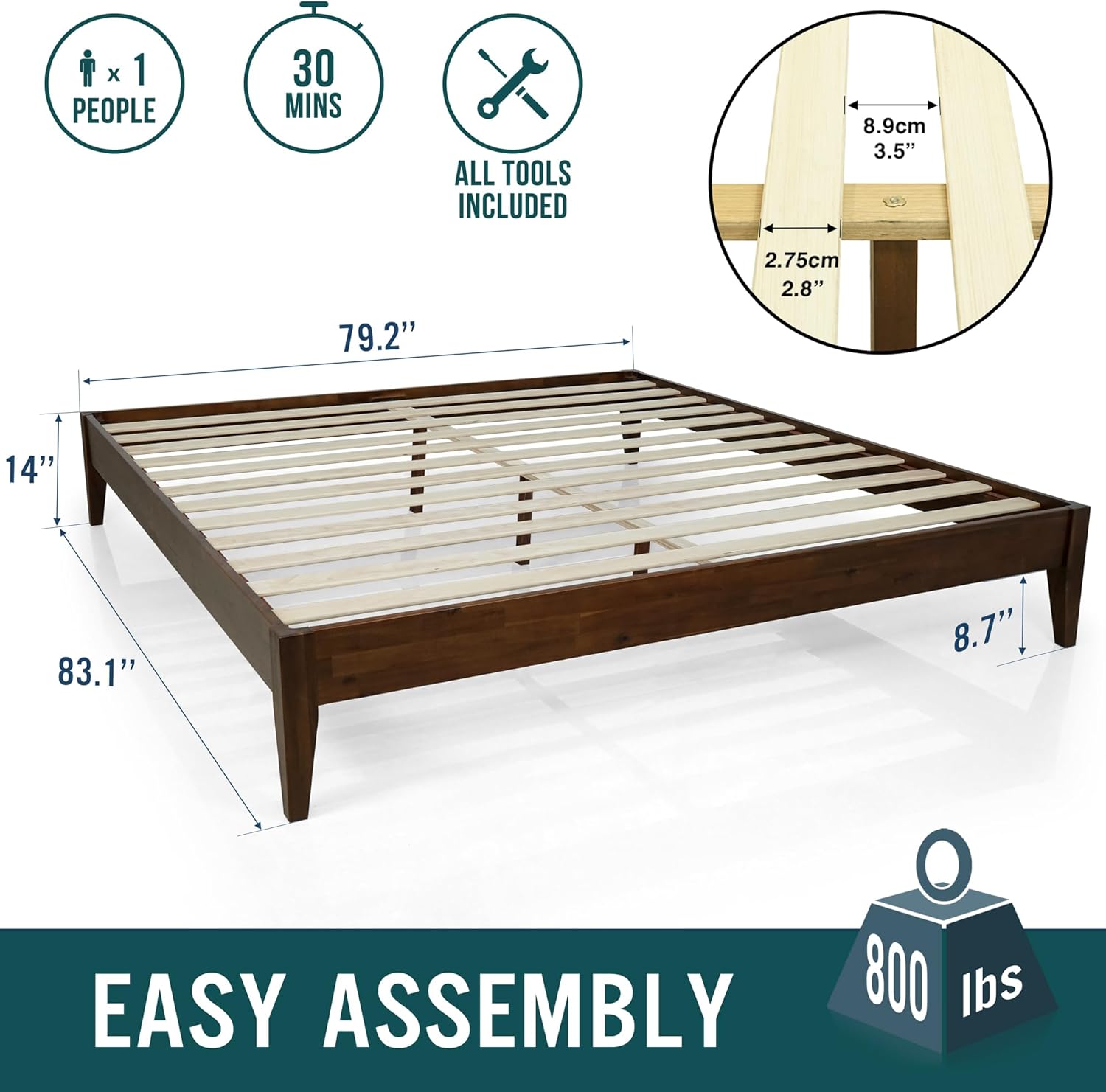Acacia Mervyn Bed Frame Solid Wood Platform Bed, King Bed Frame No Headboard, Natural Wood Bed Compatible with All Mattress Types, No Box Spring Needed, Quick & Easy Assembly, Chocolate