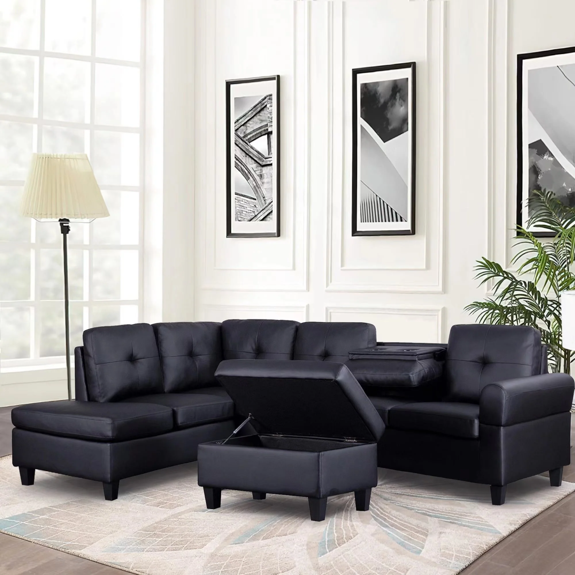 97 Width Modern 3-Piece Leather Sectional With Storage Ottoman Dropdown Table