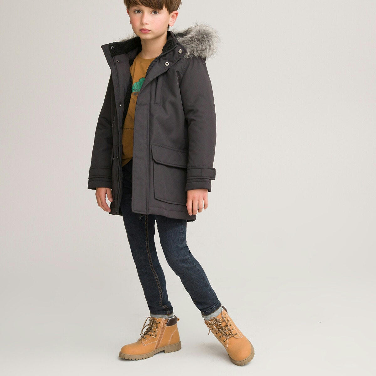 Parka chaude à capuche, bordure duveteuse amovible